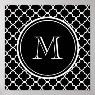Zwart wit Quatrefoliepatroon, uw monogram Poster