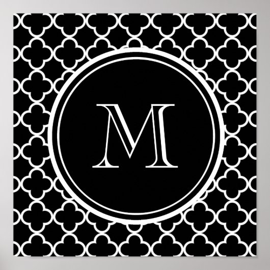 Zwart wit Quatrefoliepatroon, uw monogram Poster (Voorkant)