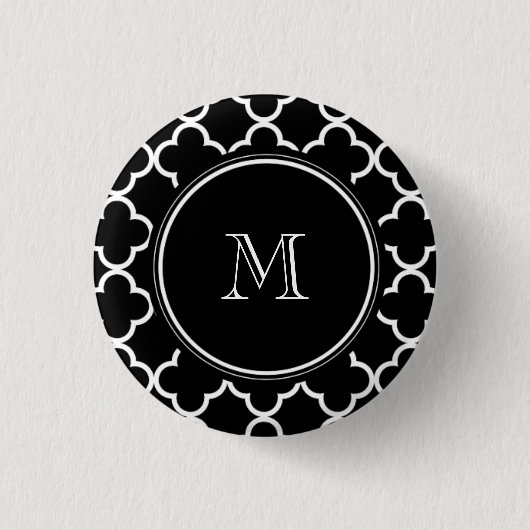 Zwart wit Quatrefoliepatroon, uw monogram Ronde Button 3,2 Cm (Voorkant)