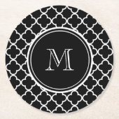 Zwart wit Quatrefoliepatroon, uw monogram Ronde Kartonnen Onderzetter (Voorkant)