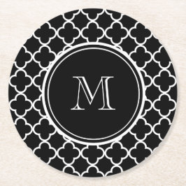Zwart wit Quatrefoliepatroon, uw monogram Ronde Kartonnen Onderzetter