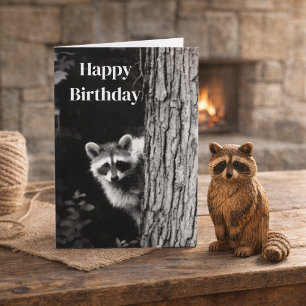 Zwart-wit Raccoon Foto Birthday Card Kaart