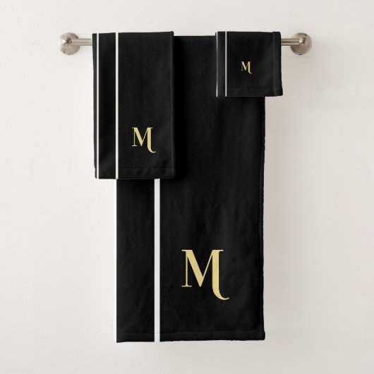 Zwart-wit racestrepen Faux Gold Monogram Bad Handdoek (Insitu)