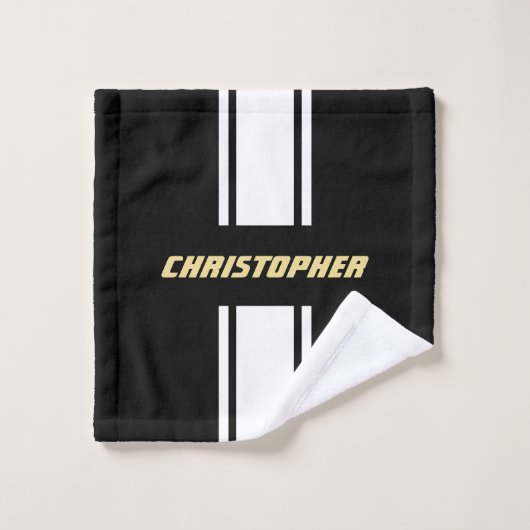 Zwart Wit Racing Stripes Faux Gold Monogrammed Bad Handdoek (Wasdoekje)