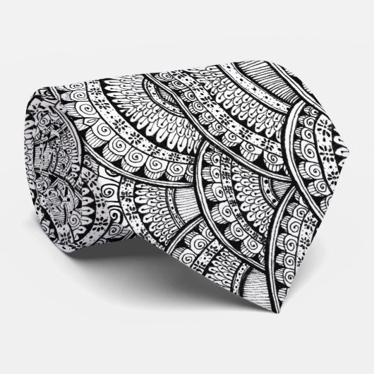 Zwart-wit Radial Mandala Floral Patroon Stropdas (Opgerold)