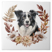 Zwart Wit Rand Collie Hond Herfst krans Tegeltje (Voorkant)