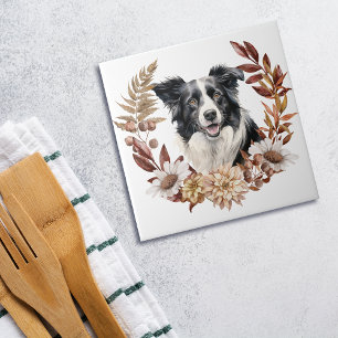 Zwart Wit Rand Collie Hond Herfst krans Tegeltje