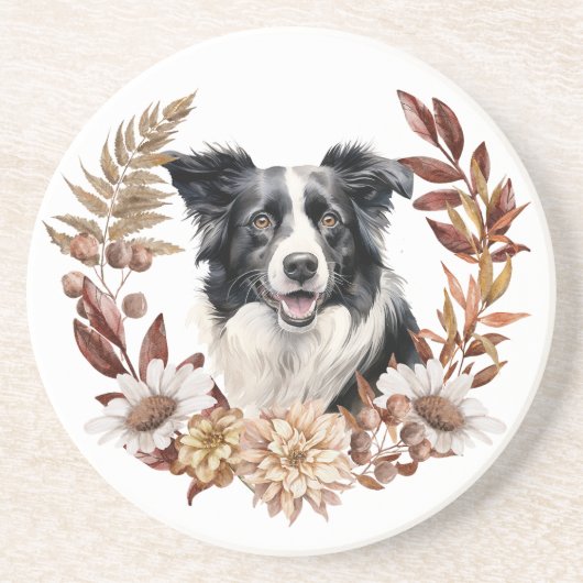 Zwart Wit Rand Collie Hond Herfst krans Zandsteen Onderzetter (Voorkant)