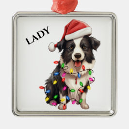 ZWART WIT RAND COLLIE KERSTVERLICHTING METALEN ORNAMENT
