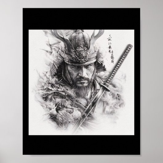 Zwart-wit realistische samoerai potloodtekeningen poster (Voorkant)