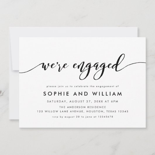 Zwart-wit Relax Script Engagement Party Kaart (Voorkant)