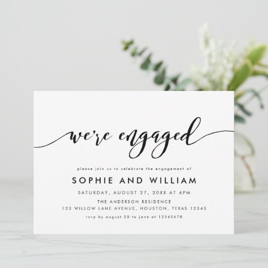Zwart-wit Relax Script Engagement Party Kaart (Staand voorkant)