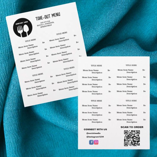Zwart, Wit Restaurant Afhaalmenu met QR-code Flyer
