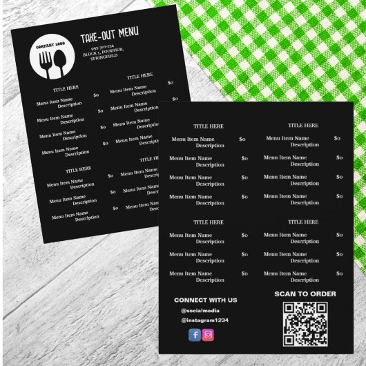 Zwart, Wit Restaurant Afhaalmenu met QR-code Flyer