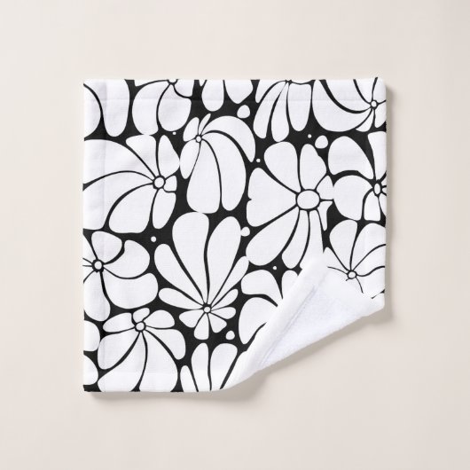 Zwart-wit Retro 70s Bloem Grafisch Ontwerp Bad Handdoek (Wasdoekje)