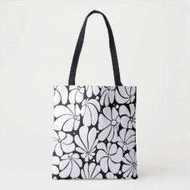 Zwart-wit Retro 70s Bloem Grafisch Ontwerp Tote Bag