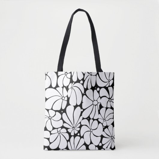 Zwart-wit Retro 70s Bloem Grafisch Ontwerp Tote Bag (Voorkant)