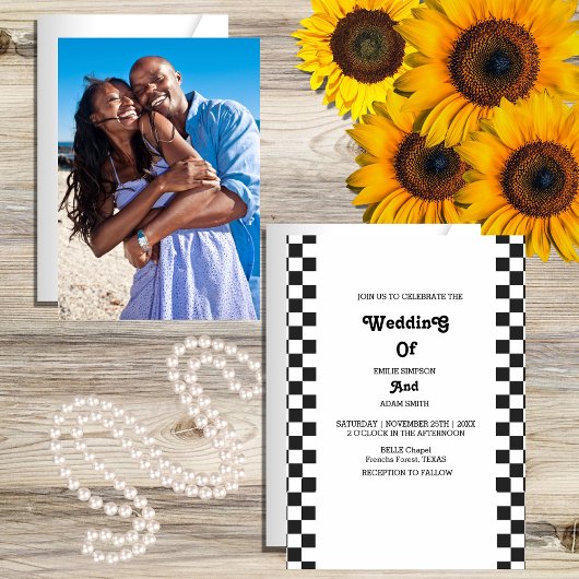 zwart-wit retro 70s bruiloft kaart