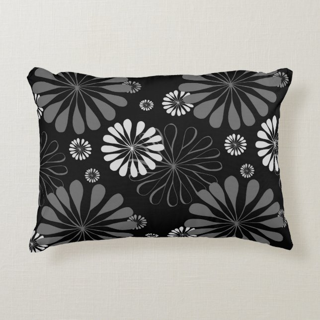 Zwart-wit Retro Bloemen Accent Kussen (Voorkant)