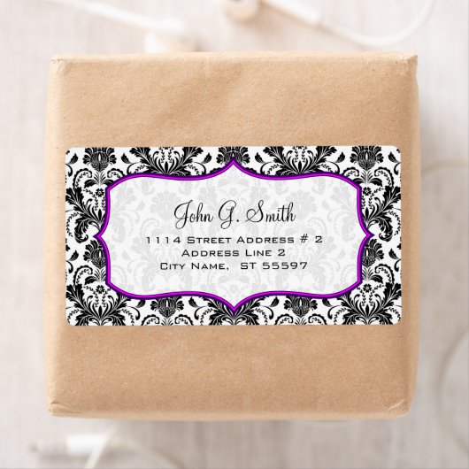 Zwart & Wit Retro Bloemen Damasks Patroon Etiket (Insitu)