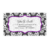 Zwart & Wit Retro Bloemen Damasks Patroon Etiket (Voorkant)