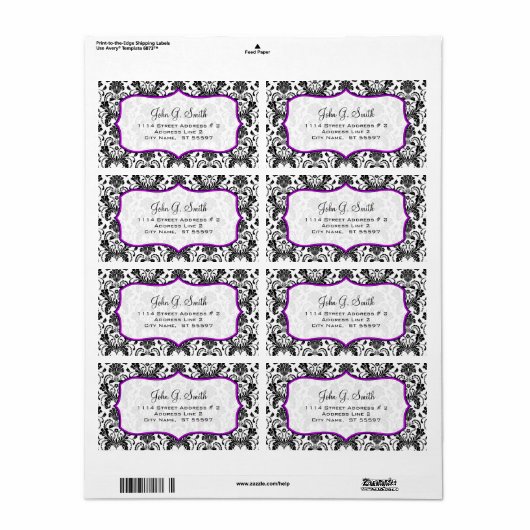 Zwart & Wit Retro Bloemen Damasks Patroon Etiket (Full Sheet)
