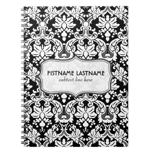 Zwart-wit Retro Bloemen Damasks Patroon Notitieboek (Voorkant)
