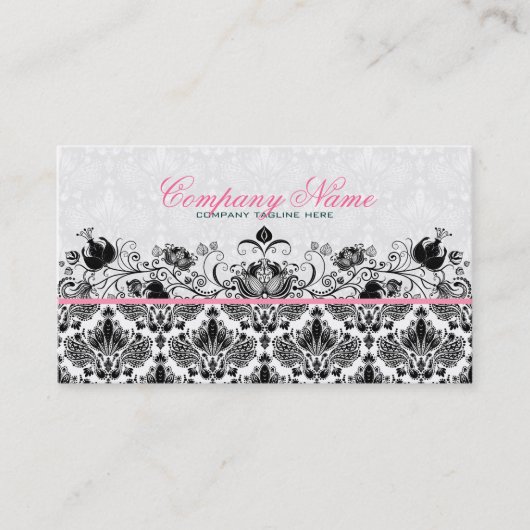 Zwart & Wit Retro Bloemen Damasks Patroon Visitekaartje (Voorkant)