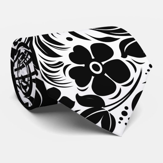 Zwart-wit retro bloemen en bladeren patroon stropdas (Opgerold)