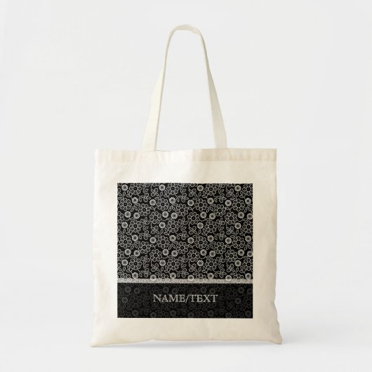 Zwart & Wit Retro Bloemen Patroon Tote Bag (Voorkant)