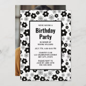 Zwart-wit Retro Bloemen Verjaardag Uitnodiging (Voorkant / Achterkant)