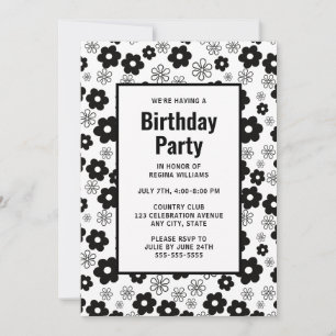 Zwart-wit Retro Bloemen Verjaardag Uitnodiging