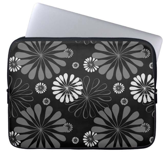 Zwart-wit retro bloemmotief laptop sleeve (Voorkant)