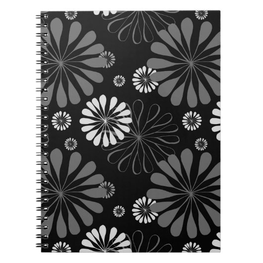 Zwart-wit retro bloemmotief notitieboek (Voorkant)
