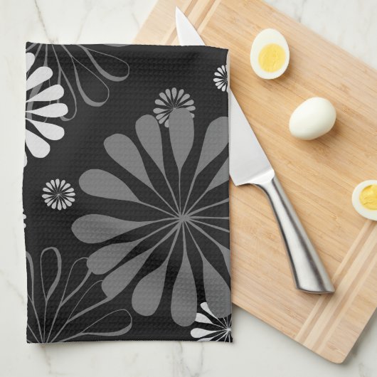 Zwart-wit retro bloemmotief theedoek (Quarter Fold)