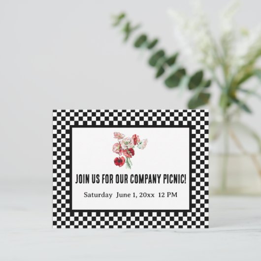 Zwart-wit Retro Checkerboard Company Picnic Uitnodiging Briefkaart (Staand voorkant)