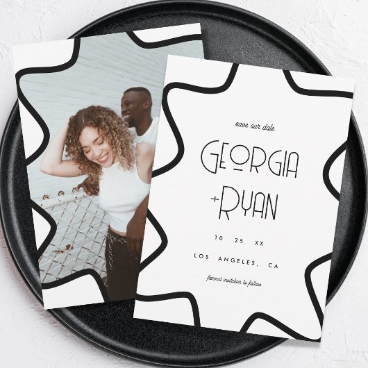 Zwart & Wit Retro Golfende Rand Frame Winter Huwel Save The Date