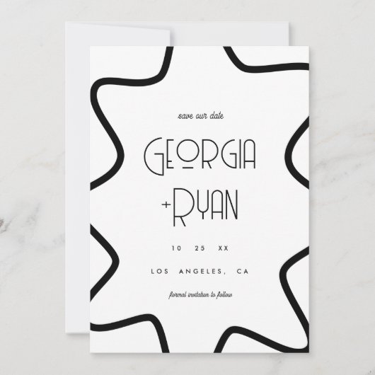 Zwart & wit retro golvend rand kader wintertrouw save the date (Voorkant)