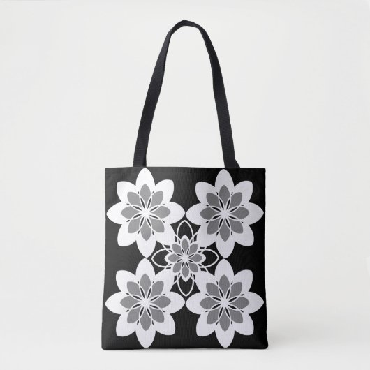 Zwart wit retro grafische bloemen tote bag (Voorkant)