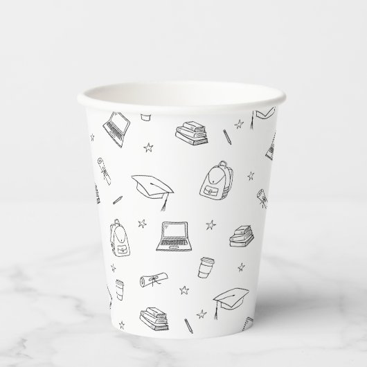 Zwart Wit Retro Hand getrokken Afstudeerder Party Papieren Bekers (Voorkant)