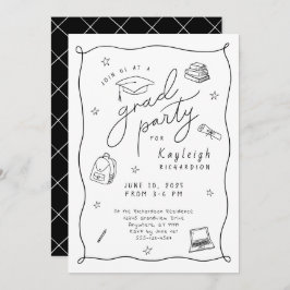 Zwart Wit Retro Hand getrokken Afstudeerder Uitnod Aankondiging