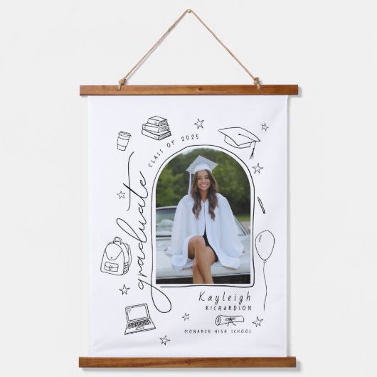 Zwart Wit Retro Hand getrokken Foto Afstuderen Hangend Wandkleed (Voorkant)