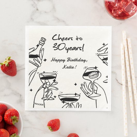 Zwart wit retro handdraw funky cocktail verjaardag servet (Insitu)