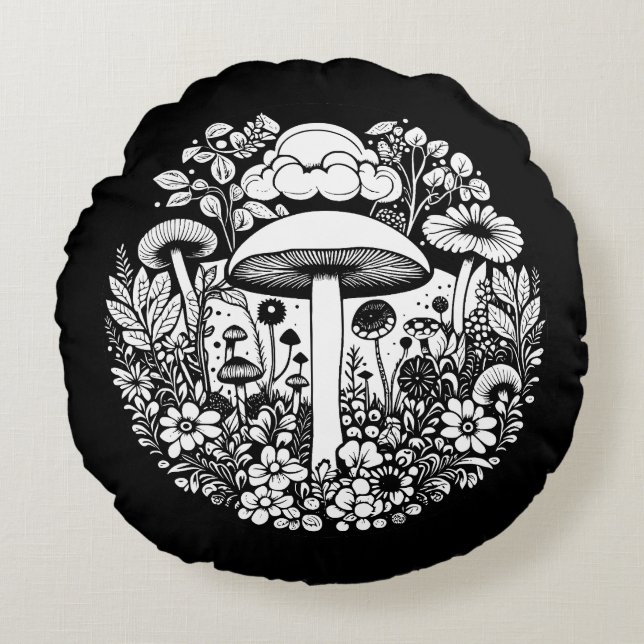 Zwart-wit Retro Paddenstoelen en Bloemen Rond Kussen (Voorkant)