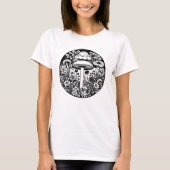 Zwart-wit Retro Paddenstoelen en Bloemen T-shirt (Voorkant)