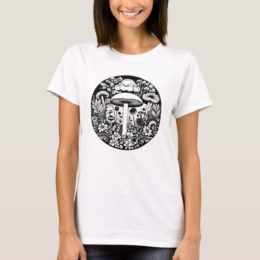 Zwart-wit Retro Paddenstoelen en Bloemen T-shirt (Voorkant)
