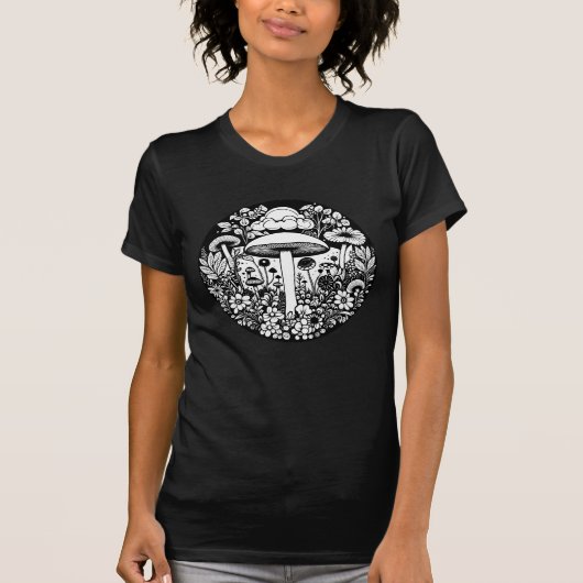 Zwart-wit Retro Paddenstoelen en Bloemen T-shirt (Voorkant)
