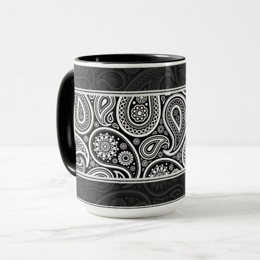 Zwart & Wit Retro Paisley Patroon Ontwerp Mok (Voorkant links)