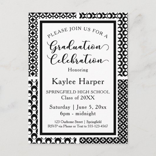 Zwart & Wit Retro Patronen Graduation Party Uitnodiging Briefkaart (Voorkant)