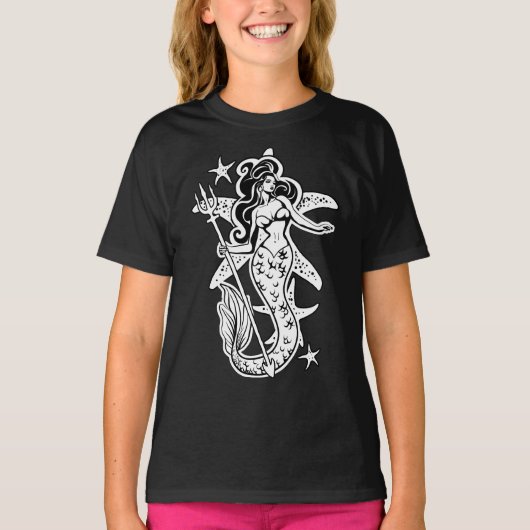 Zwart-wit Retro Pin-up Zeemeermin T-shirt (Voorkant)